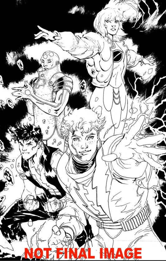 Black and white comic book style illustration featuring multiple illustrated characters in dynamic poses, with a red 'NOT FINAL IMAGE' text overlay at the bottom.