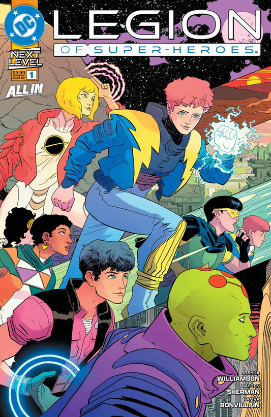 Comic book cover for DC's Legion of Super-Heroes #1, featuring multiple illustrated superhero characters in dynamic poses against a colorful cosmic city background.