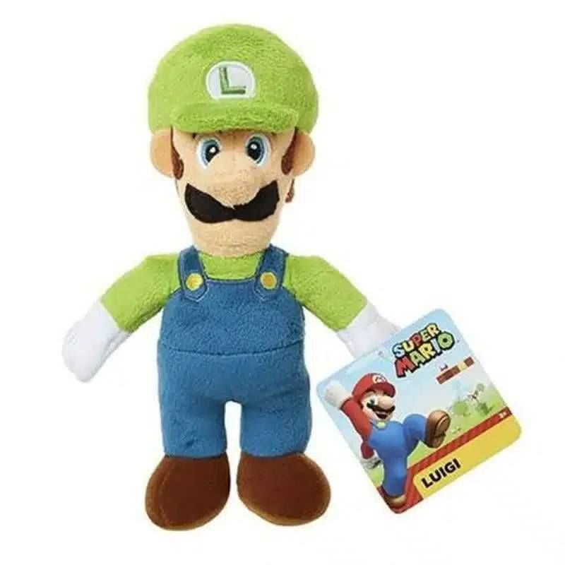 Plush toy of Luigi from Super Mario with a tag on a white background