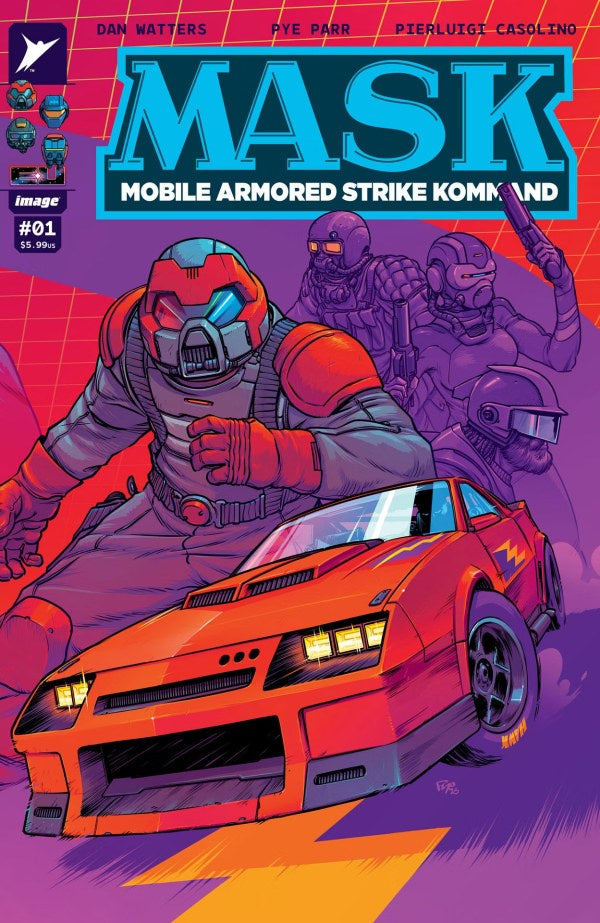 Comic book cover of 'MASK' featuring a character in a helmet and a red vehicle on a purple and orange background.