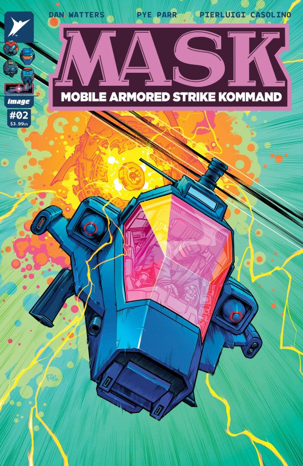 Comic book cover of 'MASK: Mobile Armored Strike Kommand' with a colorful background and robot-like vehicle.