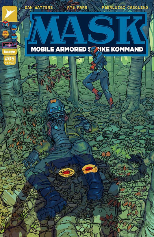 Comic book cover for MASK #5 titled 'Mobile Armored Mike Kommand', showing illustrated armored soldiers in a forest setting, with the title in large blue letters at the top.