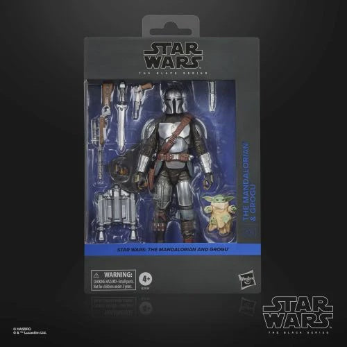 Star Wars action figure packaging featuring The Mandalorian and Grogu on a black background
