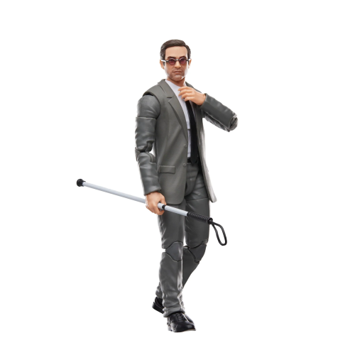 Action figure in a gray suit holding a cane on a white background
