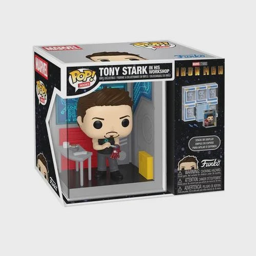 Funko Pop! vinyl figure packaging featuring Tony Stark in his workshop.