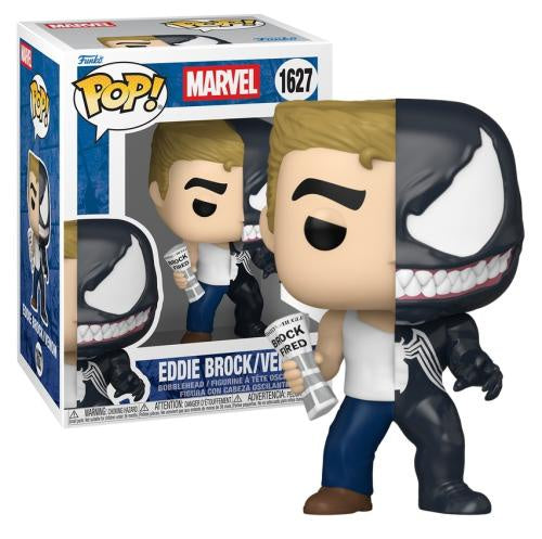 Funko Pop! Marvel Eddie Brock/Venom hybrid vinyl figure number 1627, shown standing next to its retail box. The figure features a split design with blonde hair, a white tank top, blue jeans, and a black-and-white Venom symbiote body.