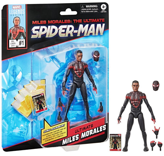 MARVEL LEGENDS 6IN MILES MORALES W/MINI COMIC AF Marvel Legends Ultimate Miles Morales action figure packaging with character illustration and accessories.