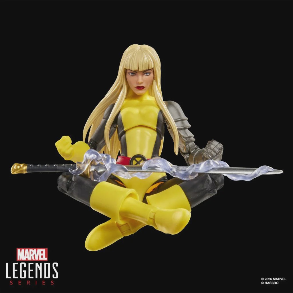 Marvel Legends action figure of a superhero in yellow and black costume with a sword, on a black background.