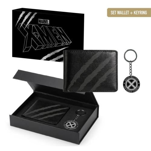 Marvel X-Men gift set featuring a black wallet and matching keyring, shown with their branded packaging boxes on a white background.
