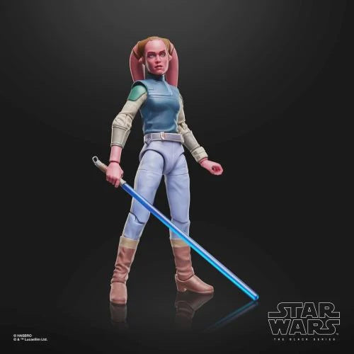 Star Wars action figure with a lightsaber on a black background