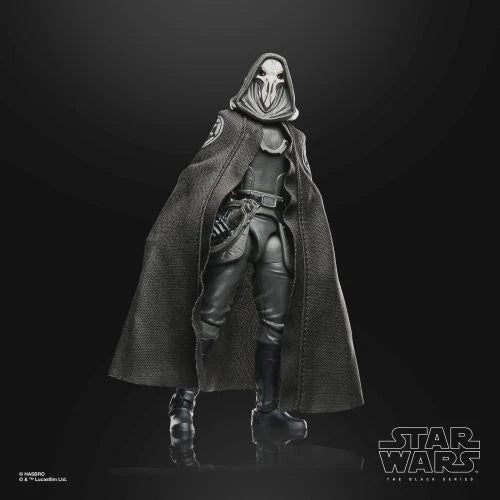 Star Wars The Black Series The Silent Enforcer action figure in a dark hooded cloak, standing on a reflective black surface against a dark studio background. Star Wars logo is visible in the bottom right corner.