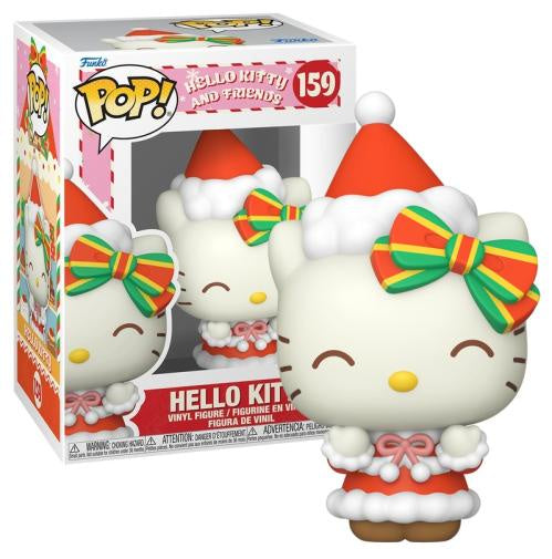 Funko Pop! Hello Kitty and Friends vinyl figure number 159, showing the white Hello Kitty figure in a Santa hat and bow in front of its retail box on a white background.
