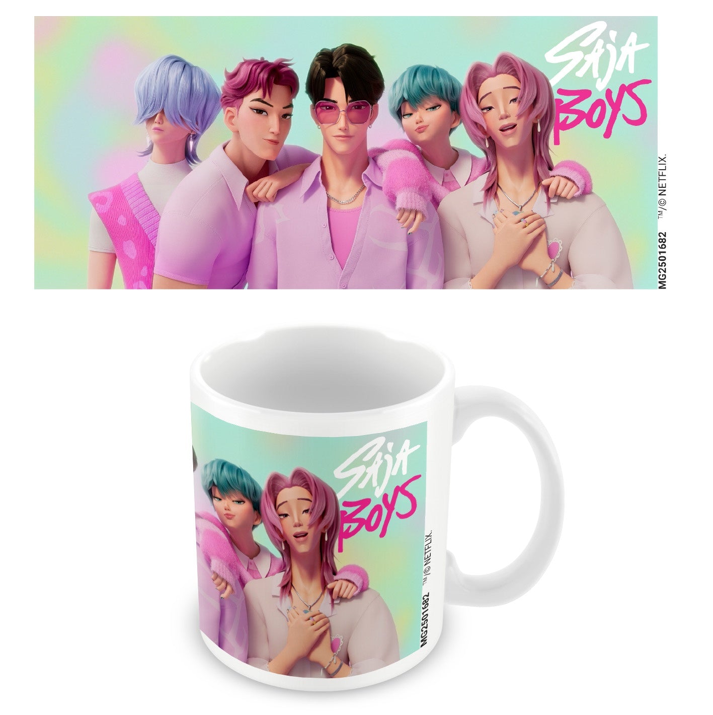 Mug with 'Sixx Boys' design featuring animated characters on a pastel background