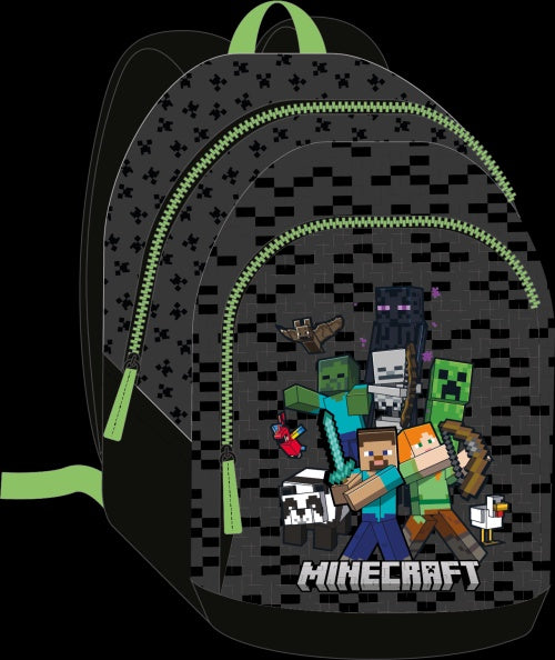 A black and green Minecraft-themed 2-compartment backpack with character and item graphics from the game.