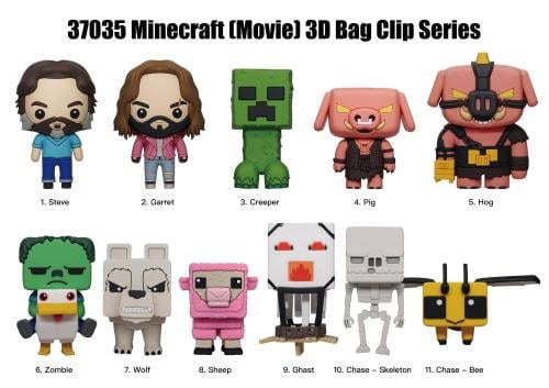 Minecraft movie 3D bag clip series with various characters on a white background