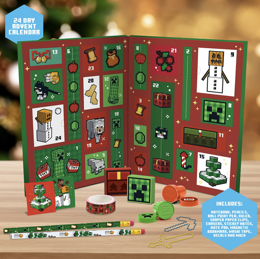 Advent calendar with Minecraft-themed items on a wooden surface