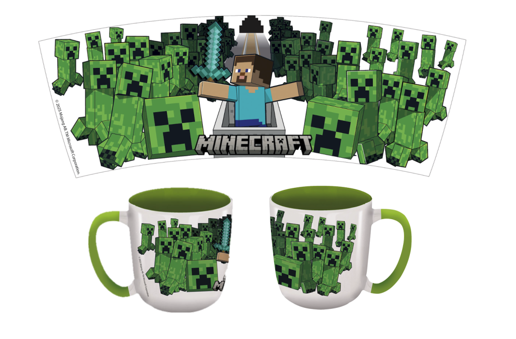 Minecraft-themed mug with character design and branding