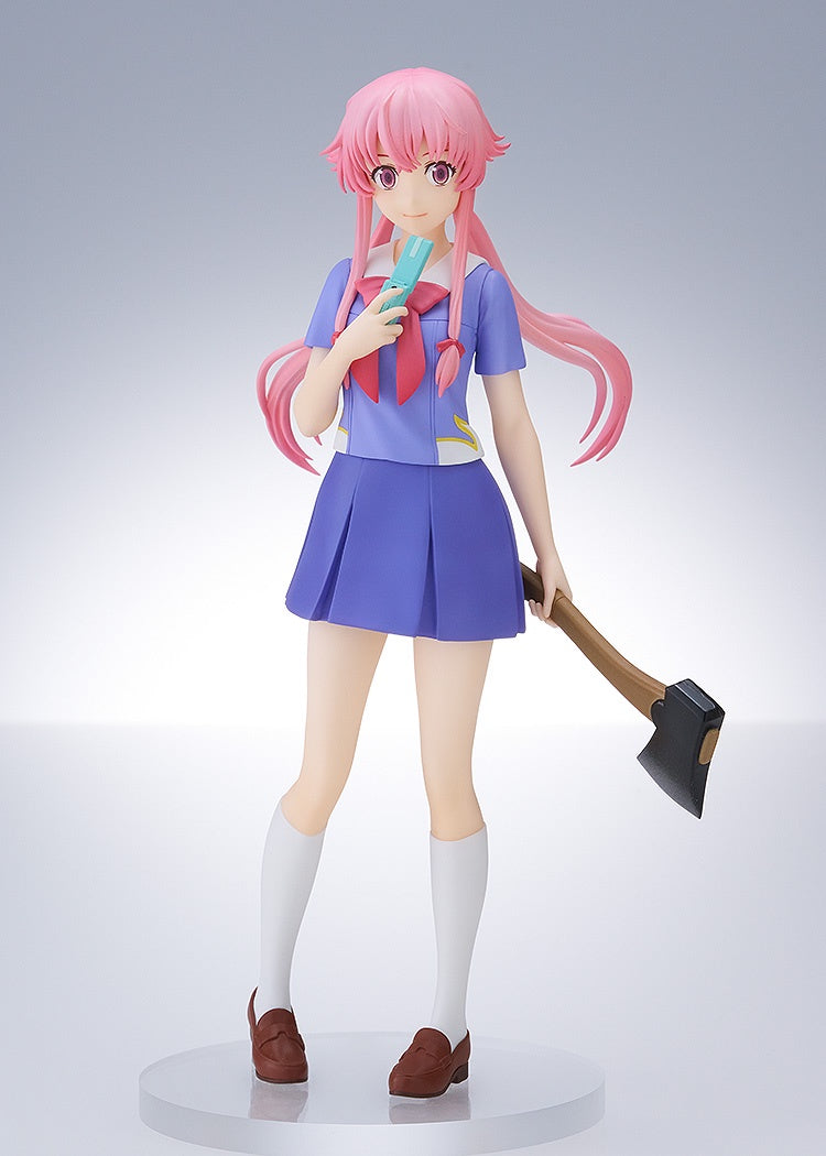 Figure of a character with pink hair holding an axe and microphone on a gray background