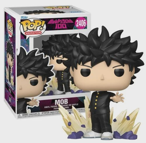 Funko Pop! Animation vinyl figure of Mob from My Hero Academia, number 2406, shown in front of its retail box on a white background.