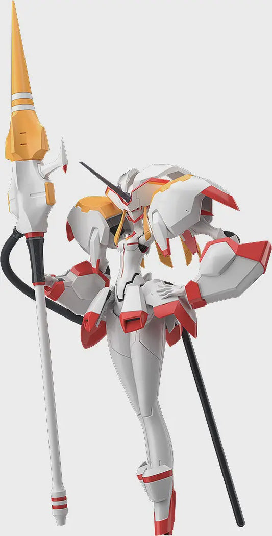 Robot model with white, red, and orange color scheme on a white background