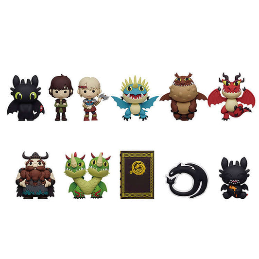 Collection of 'How to Train Your Dragon' themed figurines and book on a white background