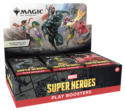 Display box of 'Magic: The Gathering' Marvel Super Heroes play boosters with characters on the top.