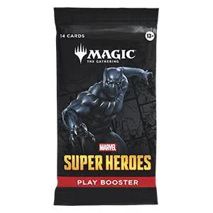 A Magic: The Gathering Super Heroes play booster pack featuring Black Panther artwork on a black background with gold and red text.