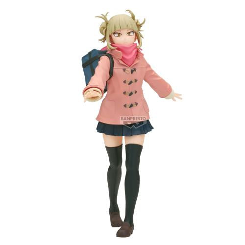 Action figure of a character in a pink coat with a backpack on a white background, featuring the Banpresto logo.