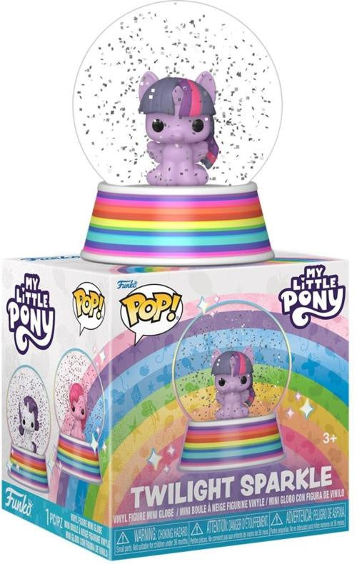Funko My Little Pony Twilight Sparkle Pop! vinyl figure in its retail box, featuring a purple pony with a pink and blue striped mane inside a clear snow globe base with a rainbow-striped pedestal, shown against a white background.
