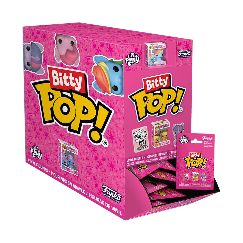Bitty Pop! Funko toy packaging with pink background and toy figures on a white background
