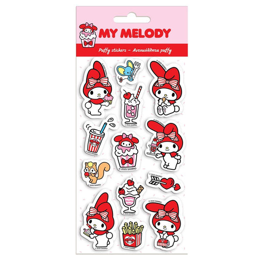 Sheet of 'My Melody' puffy stickers with various poses on a pink backing.
