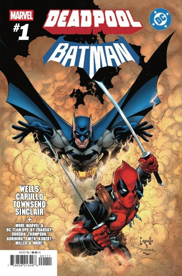 Comic book cover featuring Batman and Deadpool with Marvel and DC logos.