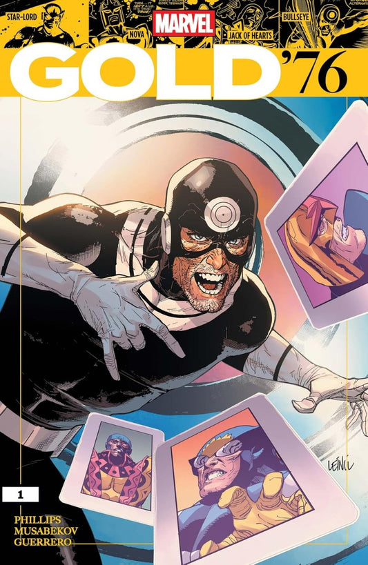 Marvel Gold '76 #1 comic book cover featuring a dynamic illustrated superhero in a black and white costume with a circular visor, surrounded by floating illustrated cards and bold yellow title text at the top.