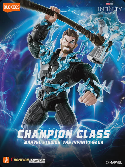 Marvel Infinity Saga action figure with energy effects on a blue and purple background