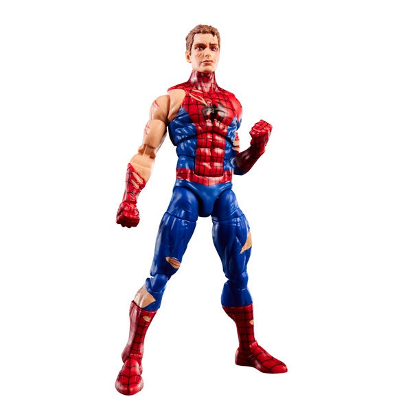 Superhero action figure in red and blue costume on a white background