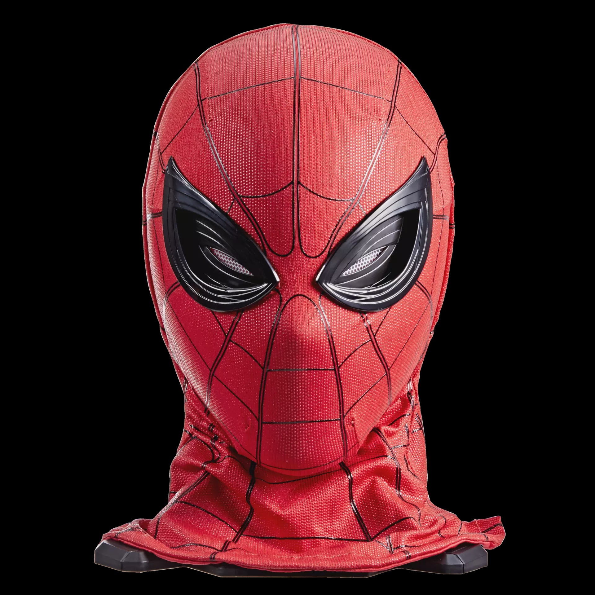 Red superhero mask with black web design on a black background