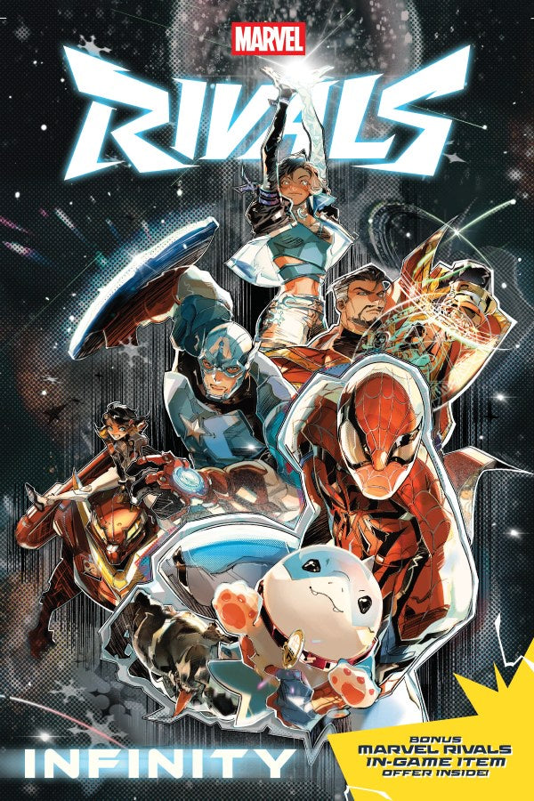 Marvel Rivals game cover featuring superhero characters with Marvel logo.