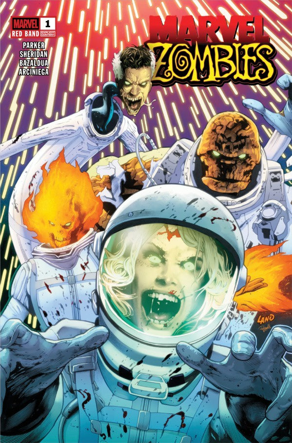 Comic book cover featuring characters in space suits with a purple background and 'Marvel Zombies' title.