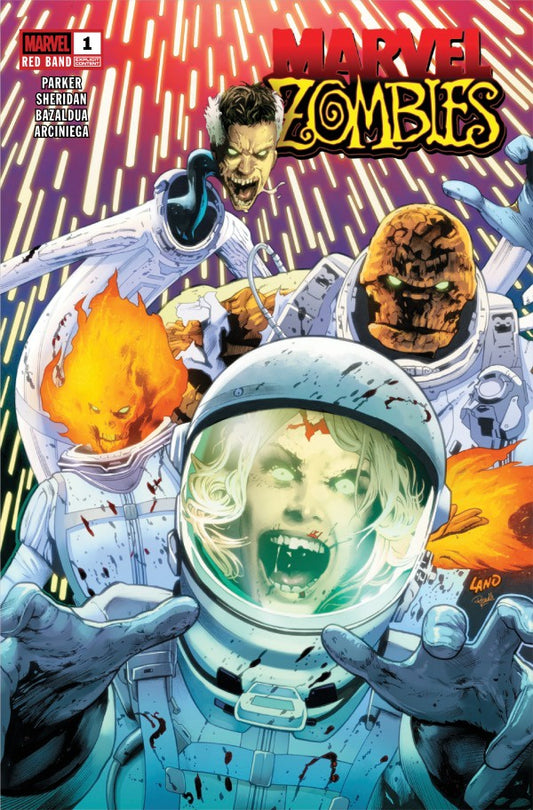 Comic book cover featuring characters in space suits with a purple background and 'Marvel Zombies' title.