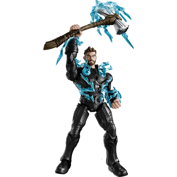 Action figure with black and blue costume holding an axe on a white background