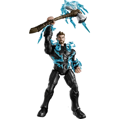 Action figure with black and blue costume holding an axe on a white background