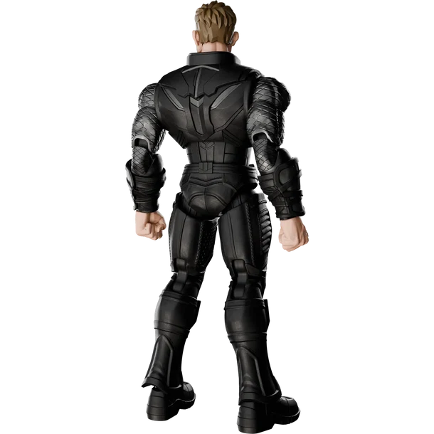 A black armored action figure or collectible character shown from the back, wearing a detailed sci-fi suit with segmented plates and boots, isolated on a white background.