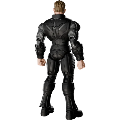 A black armored action figure or collectible character shown from the back, wearing a detailed sci-fi suit with segmented plates and boots, isolated on a white background.