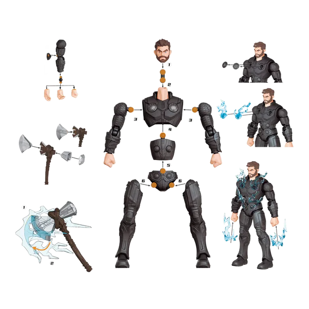 Action figure assembly process with various parts on a white background