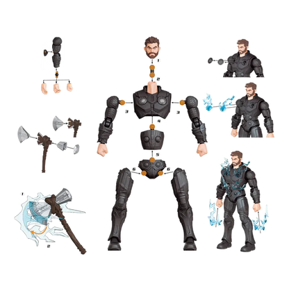Action figure assembly process with various parts on a white background