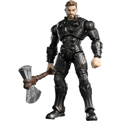 Action figure in detailed costume holding an axe on a white background