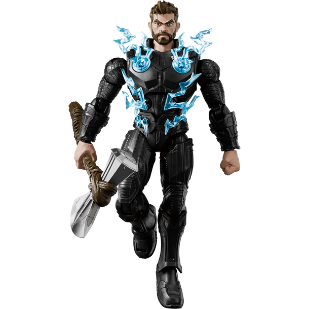 Action figure in black suit with blue energy effects on a white background