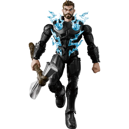 Action figure in black suit with blue energy effects on a white background