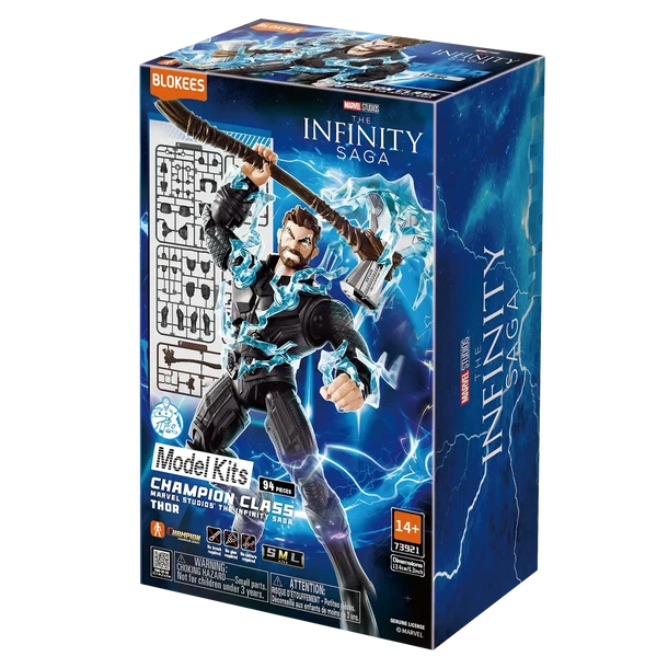 Blokees Marvel Infinity Saga Champion Class 1808 building block model kit box, featuring a dynamic comic-style illustration of the character with blue energy effects on a dark blue background.