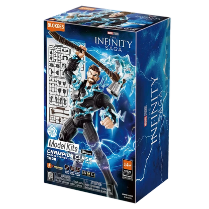 Blokees Marvel Infinity Saga Champion Class 1808 building block model kit box, featuring a dynamic comic-style illustration of the character with blue energy effects on a dark blue background.